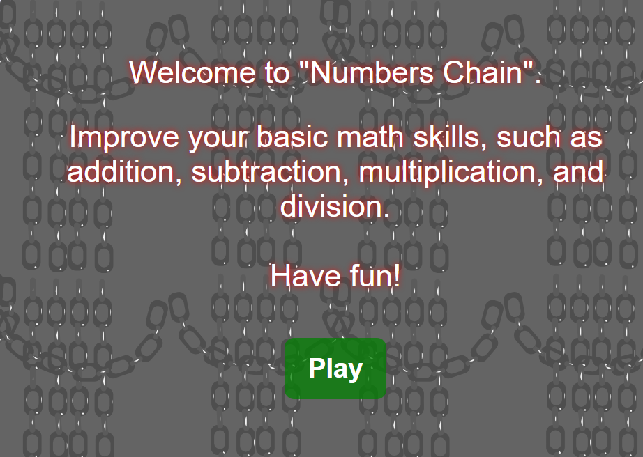 Numbers Chain Math Game Opening Screen of the game